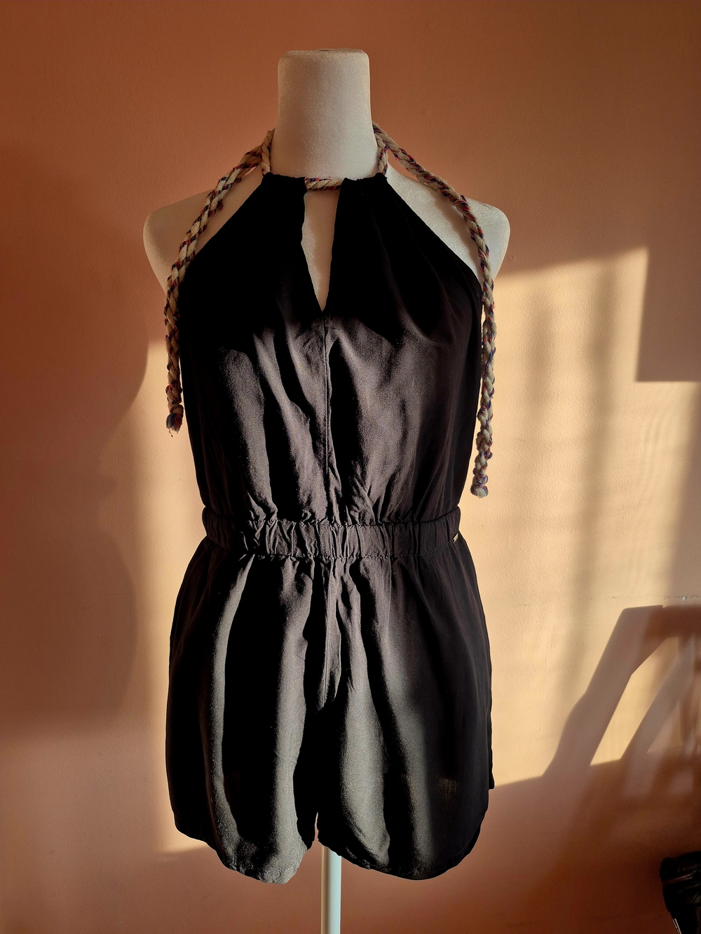 Toi et Moi Black Halter Romper with Braided Ties